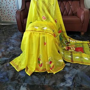 Yellow Handprinted Kota Cotton Saree