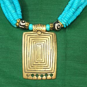 Blue Necklace With Gold Brass Pendant