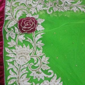 Net Saree, Neon Green Color With Heavy Embroidery.