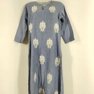 Blue Floral Embroidered Kurti ( Women)