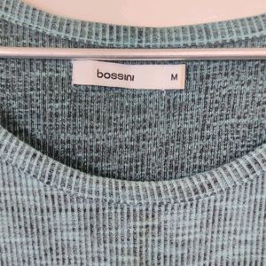 Knitted Sea Blue And Grey 3/4th Sleeve Top