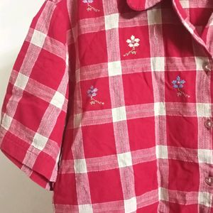 Red Check Cotton Shirt With Embroidery