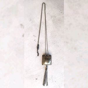 Beaten Square Silver Pendant With Tassel Chain