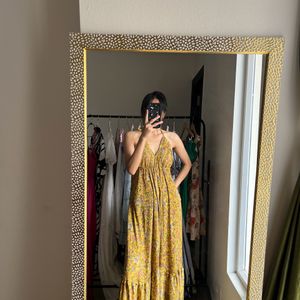 Mustard Yellow Floral Printed Halter Neck Maxi