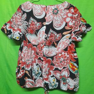 Korean Branded Floral Design Printed Top Tunic Red