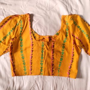 Women Yellow Thread Work Embroidery Blouses Cotton