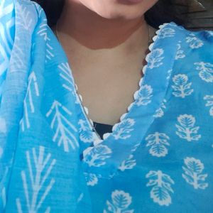 Blue Printed Sleeveless Kurta Set