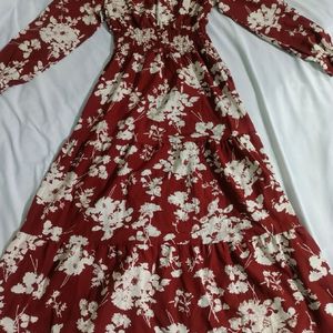 Maroon Mulvari Floral Print Flounce Sleeve Dress