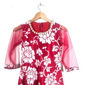 Red Velvet Floral Printed Dress