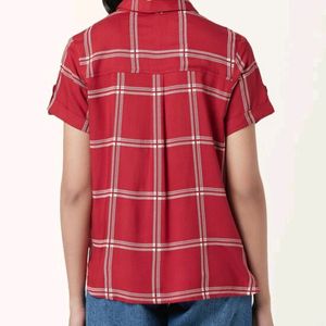 Red Checked Casual Half Sleeves Shirt Collar Women