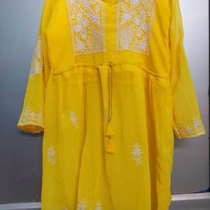 Yellow New Short Chickenkari Kurti