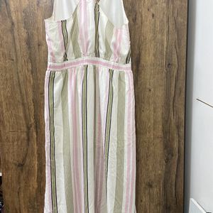 White Striped Midi Button Dress With Racer back