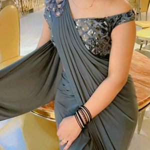 Grey Party Wear Saree With Blouse 34 Bust