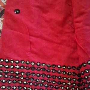 One Time Used Mirror Design Red Saree