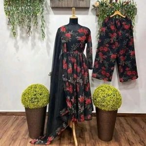 S- Size A-line Printed Black Kurti Set