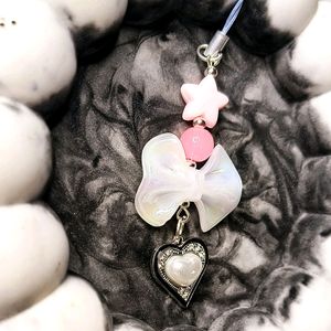 Pearl Heart & Bow Phone Charm Set Of Two