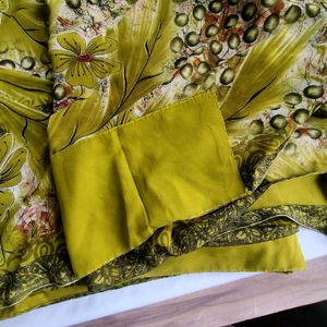 Lime Green Floral Printed Sarees (Women's)