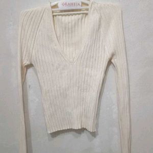 Off White V Neck Woolen Top