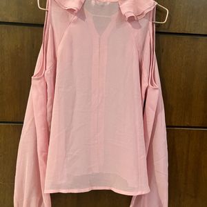 Cover Story Pink Ruffled Cold Shoulder Shirt