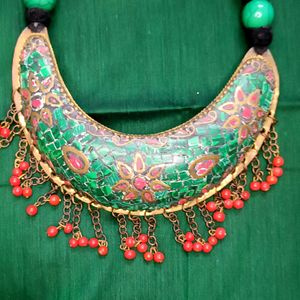 Turquoise Green And Red Bohemian Necklace.