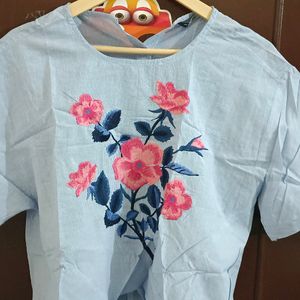 Baby Blue Embroidered Floral Tie Up Top