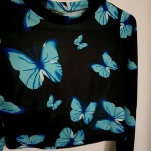 Butterfly Print Long Sleeve Mesh Crop Top