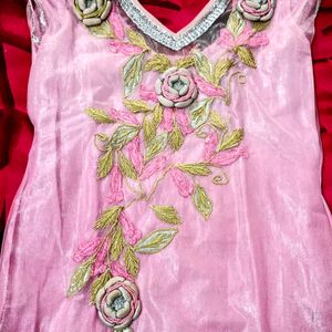 Kurti Pajama Suit Net Floral Embroidery Rose Pink