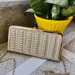 Golden Embellished Clutch With Detachable Sling