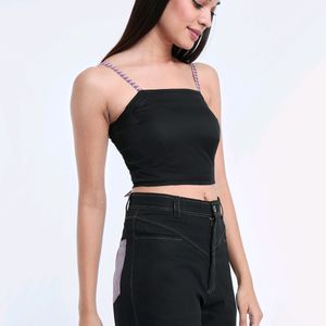 Black Satin Crop Top With Cups