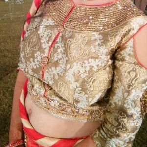 Golden Blouse With Red&Mixed Orange Printed Lehnga