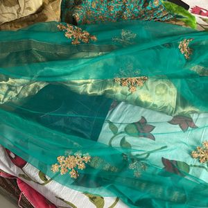 Golden Lehenga (3layered) Green Blouse & Dupatta