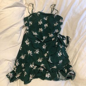 Dark Green And Floral Wrap Dress