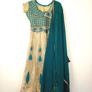 For Women Golden Green Kurta With Chunni & Salwar