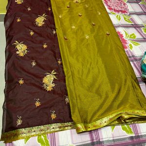 Olive Green Embroidered Beautiful Saree