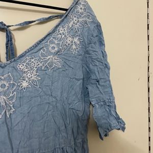 Women Denim Embroidered Flower Neck Dress