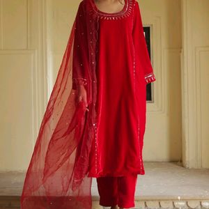 Velvet Red Straight Kurta Set