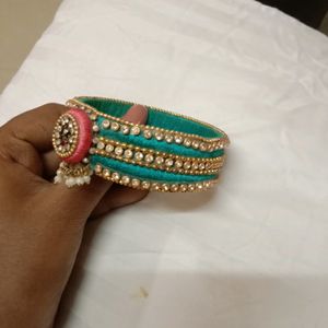 Silk Thread Designer Bangle With Stone Line Art