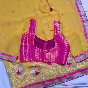 Gorgeous Mustard Silk Saree With Pink Embroidery