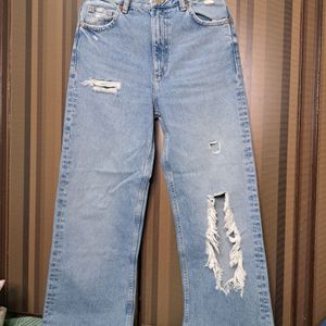 Zara Distressed Wide Leg Denim Jeans