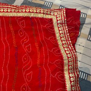 Tomato Red Bandhani Sari With gota Patti Border