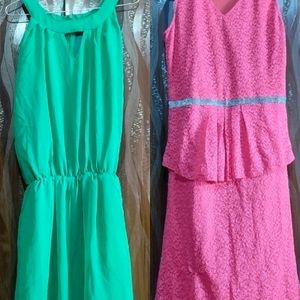 Green Jumpsuit + Pink Korean Dress