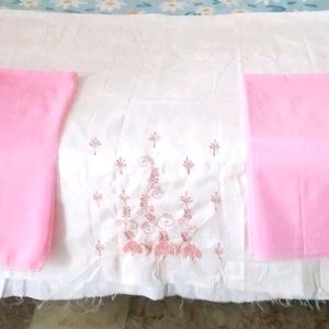 3 piece cotton embroidery pink&white suit(unstitcd