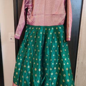 Pink And Green Pure Benarasi Frock With Dupatta