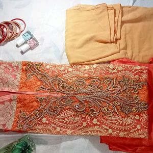 Coral Net And Satin Kurta Pyjama Set With Dupatta