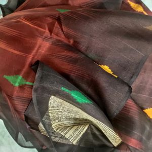 Chanderi Silk Saree With Black Temple Border