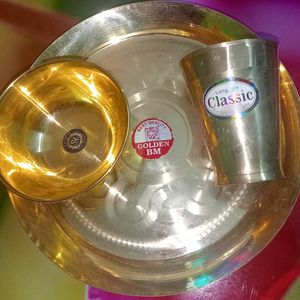 Brand New Brass Plate, Glass, And Bowl Set