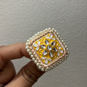 Yellow Kundan Pearl Pattern Statement Ring
