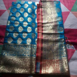 Blue & Red Katan Benarasi Heavy Saree