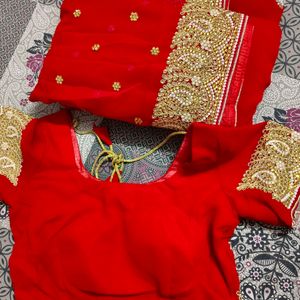 Hot Red Colour Saree With Blouse