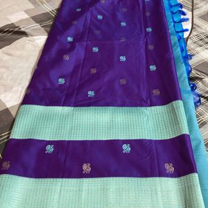 New Brinjal Violet N Ice Blue Semi Kanchi Silk